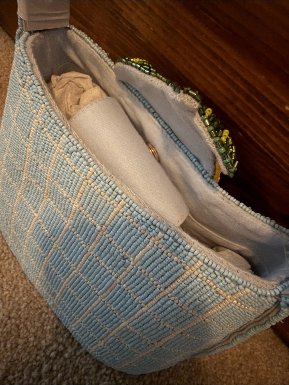 Anthropologie Beaded Blue Shoulder Bag with Lemon Accent and White patchwork - Picture 9 of 9